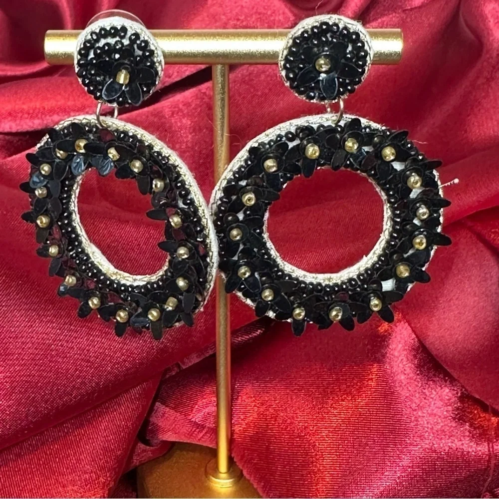 Francesca’s Black Sequin Floral Beaded Statement Earrings  NWT